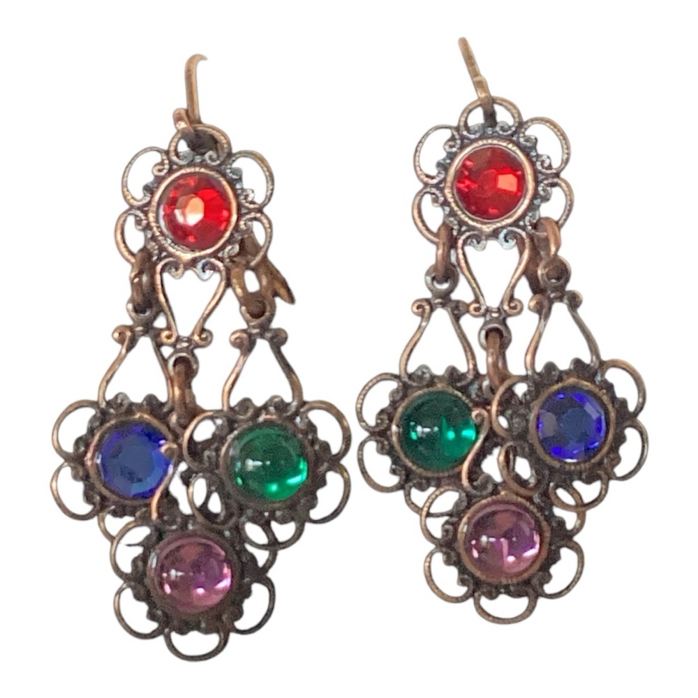 1928 Copper Tone Open Weave Chandelier Earrings Multicolor Rhinestones Vintage - Picture 2 of 8